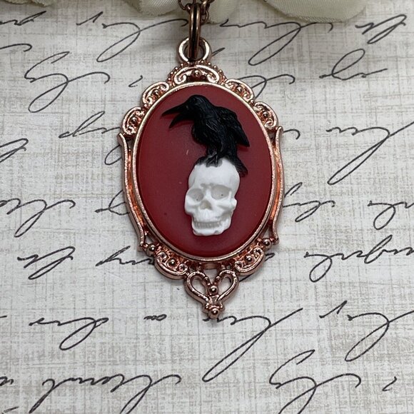 ROSE Gold Red Gothic Crow Raven Rose Skull Wedding Party Jewelry necklace Cameo - Picture 6 of 11